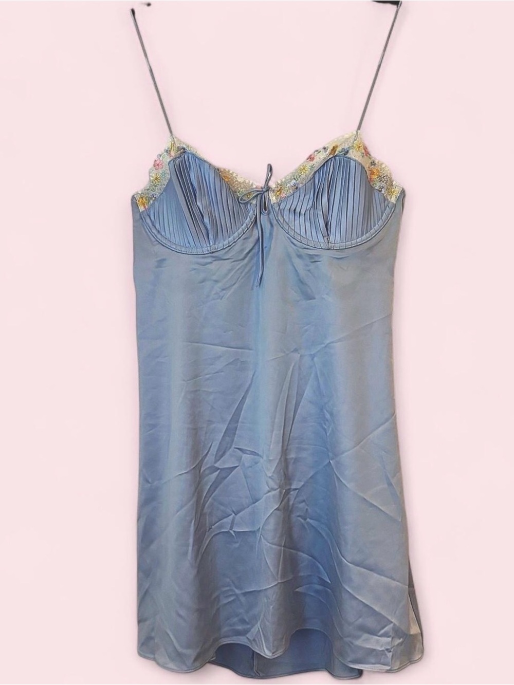 For Love And Lemons Blue Satin Lace-Trim Slip